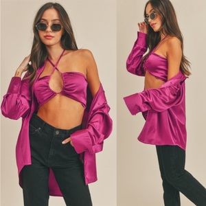 Satin Bralette and Shirt Set-- selling green color!!